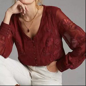 Anthropologie Burgundy Sheer Blouse